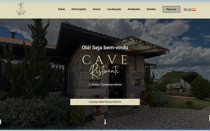 Página inicial do Cave Ristoranti apresentando o restaurante e suas experiências.